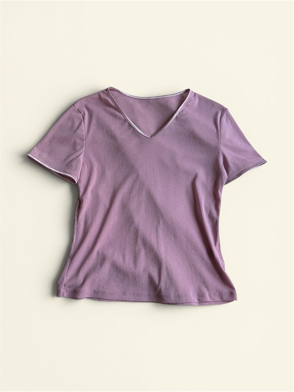 Mauve Pink Wool Blend Mesh V-Neck Sheer Knit Short Sleeve Top Stretchy Women's M